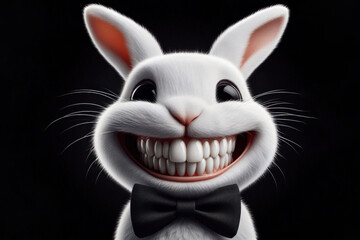 Wall Mural - funny big teeth smiling white rabbit with a black bow tie on his neck Isolated