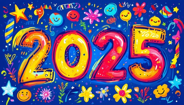 Colorful illustration of the number 2025 surrounded by various doodles of stars, flowers, and smiley faces on a dark blue background.