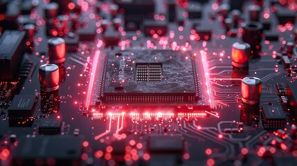Fototapete - an advanced gpu ram microchip or cpu on a powerful computer board for artificial intelligence technology is shown in a wide banner design with copy area stock ai.stock image