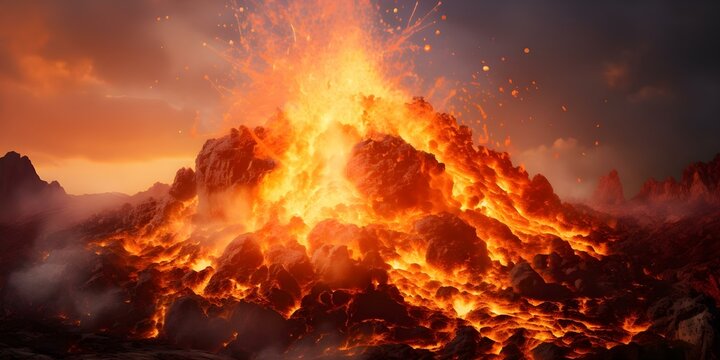 volcano eruption causes massive explosion spewing white lava and ash. concept natural disaster, volc