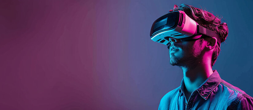 portrait of a Young boy wearing VR headset with set on purple gradient background, looking up at copy space, side view portrait of teen boy in goggles glasses for virtual reality