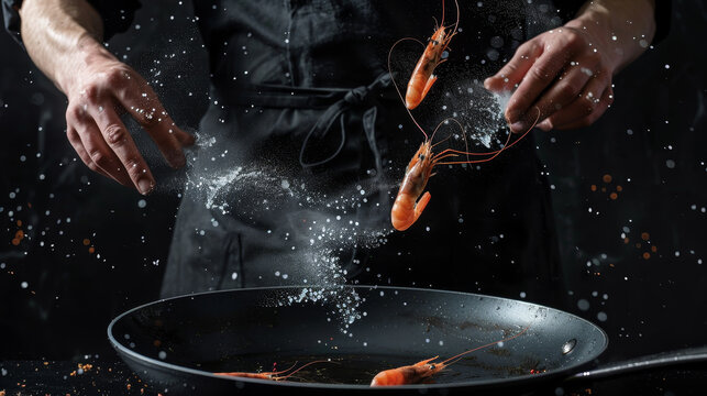A chef is cooking shrimp in a pan with a lot of salt by AI generated image
