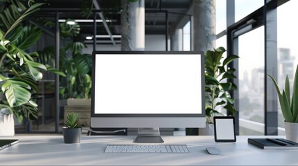Poster - A computer monitor sits on a desk in a room with a potted plant and a lamp