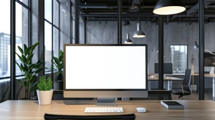 Poster - A computer monitor sits on a desk in a room with a potted plant and a lamp