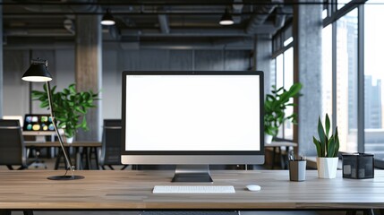 A computer monitor sits on a desk in a room with a potted plant and a lamp