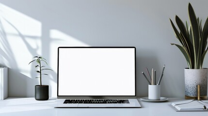 Poster - A laptop sits on a table next to a potted plant. The laptop is open and the screen is blank. The plant is a small green plant with a yellow stem. Concept of productivity and focus