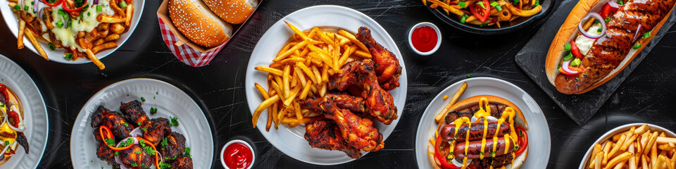 A table full of food including chicken wings, fries, and hot dogs by AI generated image
