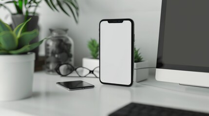 Poster - A white phone sits on a desk next to a potted plant. The phone is turned off and the screen is blank. The scene is simple and minimalistic, with the focus on the phone and the plant