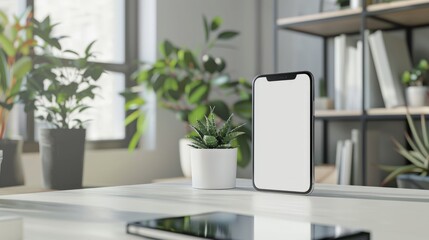 Poster - A white phone sits on a desk next to a potted plant. The phone is turned off and the screen is blank. The scene is simple and minimalistic, with the focus on the phone and the plant