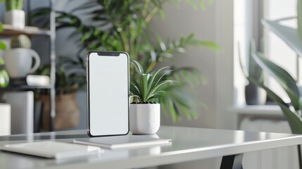 Poster - A white phone sits on a desk next to a potted plant. The phone is turned off and the screen is blank. The scene is simple and minimalistic, with the focus on the phone and the plant