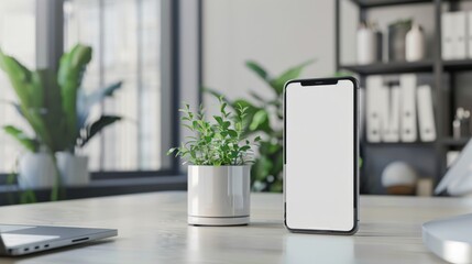 Poster - A white phone sits on a desk next to a potted plant. The phone is turned off and the screen is blank. The scene is simple and minimalistic, with the focus on the phone and the plant
