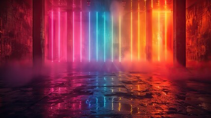 Fototapete - a stage with neon lights of various colors in an abstract background.stock photo