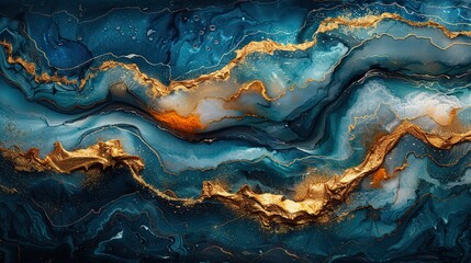Poster - with gold glitter design kintsugi design luxury liquid marble design and hand painted art on dark turquoise ink background.stock illustration