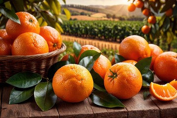 Wall Mural - Orange tangerine fruit harvest in orchard farm crop, ripe from tree