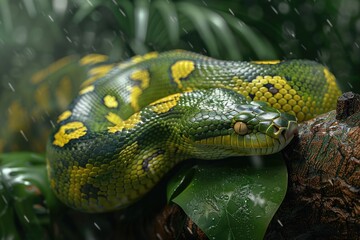 Poster - A green and yellow snake sits on a tree branch, ready to strike