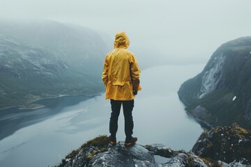 Aufkleber - A person standing at the top of a mountain with breathtaking views, suitable for use in travel or adventure articles