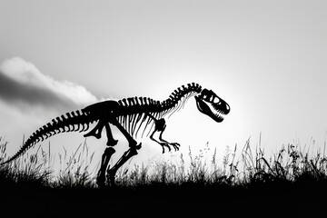 Poster - A close-up view of a T-Rex skeleton in black and white, great for use in prehistoric or dinosaur-themed illustrations