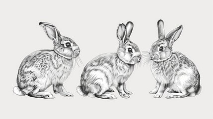 Poster - Image of three rabbits sitting side by side, illustration or cartoon