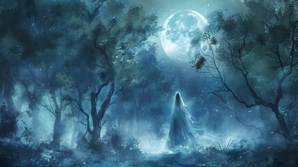 As the moon rises high above the trees a ghostly figure materializes in the clearing its hollow eyes and wispy form giving off an otherworldly aura