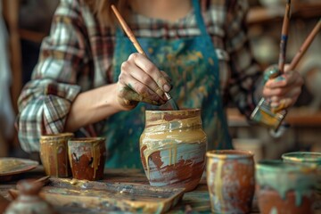 Leinwandbilder - A woman paints a vase on a table