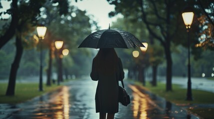 Poster - A person navigating through heavy rainfall using an umbrella for protection