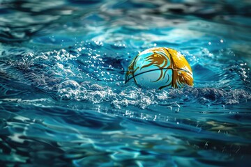 Poster - Yellow and white beach ball floating on the surface of a pool water