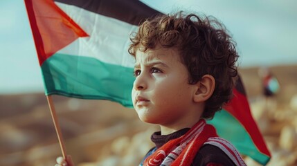 A young boy holds a flag in an open field, possibly for a celebration or event