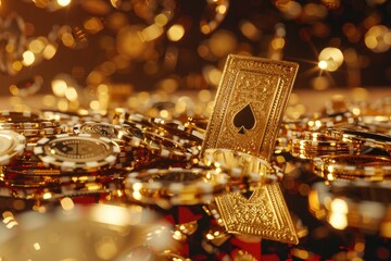 Poster - A pile of gold poker chips and playing cards on a table or surface