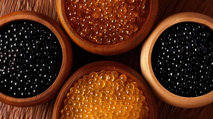 Aufkleber - Three wooden bowls filled with black and yellow beads, perfect for crafts or decorations