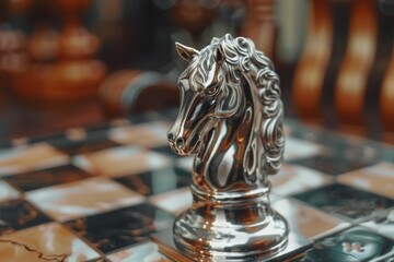 Poster - A silver horse head is placed on a chess board, ready for use in a game