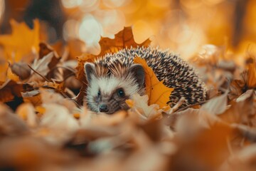 Poster - A hedge plant is situated on top of a pile of fallen leaves, creating a cozy scene