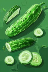 Poster - A group of cucumbers sit on a green surface, waiting to be harvested or used in a recipe