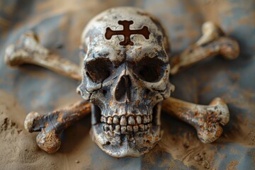 Aufkleber - A close-up shot of a skull with a crossbones design, suitable for use in Halloween-themed or dark humor contexts