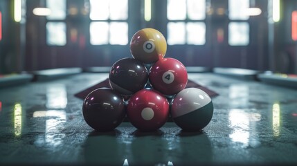 Poster - A stack of colorful pool balls resting on the surface of a pool table, ready for play