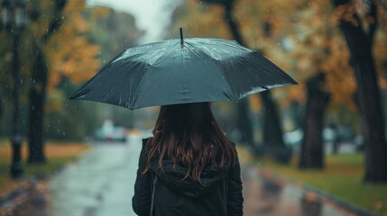 Wall Mural - A woman holding an umbrella on a rainy day