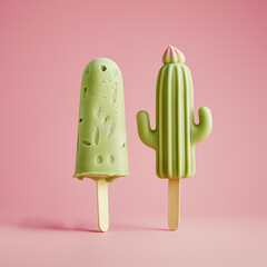 Wall Mural - Two Ice cream on a stick in the shape of a cactus. The colors are green and pink.  Creative minimal summer idea. Flat lay, top view, copy space