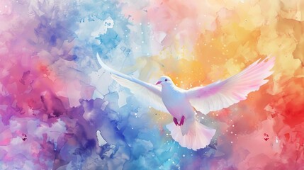 holy spirit dove on abstract colorful watercolor background digital art painting christian religious illustration