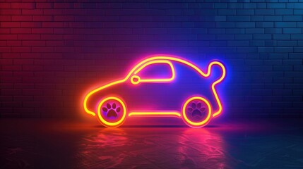 Poster - A neon-lit car parked in front of a brick wall, perfect for use in futuristic or urban-themed designs