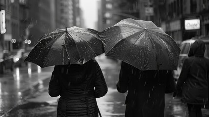 Poster - Couple walking on a rainy day, holding umbrellas for protection