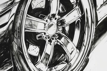Poster - A close-up shot of a car wheel in black and white