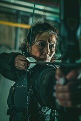 Poster - A woman prepares to shoot an arrow at a target, focusing her aim