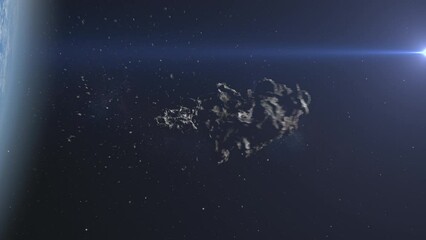 Wall Mural - two asteroid rocks collide near earth's atmosphere, outer space view 3d rendering meteor asteroid im