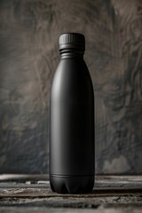 Poster - A black bottle sitting on a wooden table, great for photography or interior design use
