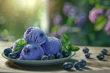 Aufkleber - A scoopful of creamy blueberry ice cream served in a plate, perfect for dessert or snack