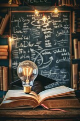 Poster - A light bulb sits on the cover of an open book, providing soft illumination