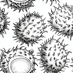 Wall Mural - A detailed line drawing of a rambutan, with its hairy, spiky outer skin and a section peeled away to reveal the smooth, juicy flesh and the single seed inside. Minimal pattern banner wallpaper,