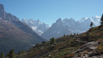 Wall Mural - Landscape of Mont Blanc massif in French Alps on summit in sunny day at Lac Blanc, France