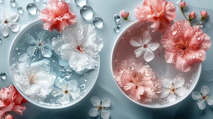  A white bowl containing water and pink flowers sits atop a blue and white surface, with droplets of water