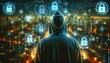 © disamirr - A hooded figure viewed from the back overlooks a city filled with digital lock icons and network pathways, representing the world of hackers and cybersecurity.