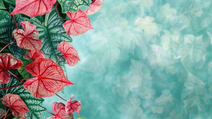 Wall Mural -  Caladium leaves in shades of green and red with a soft focus background, copy space on the right.